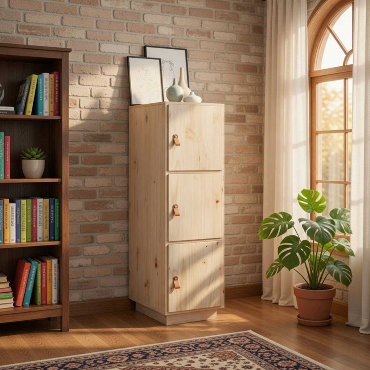 ModernaNord Hoge Opbergkast met 3 Deuren – Massief Grenenhout – 108,5 cm Hoog – Houten Dressoir Kast met Opbergruimte voor Woonkamer, Slaapkamer en Kantoor – Natuurlijke Houtkleur – NoviHome
