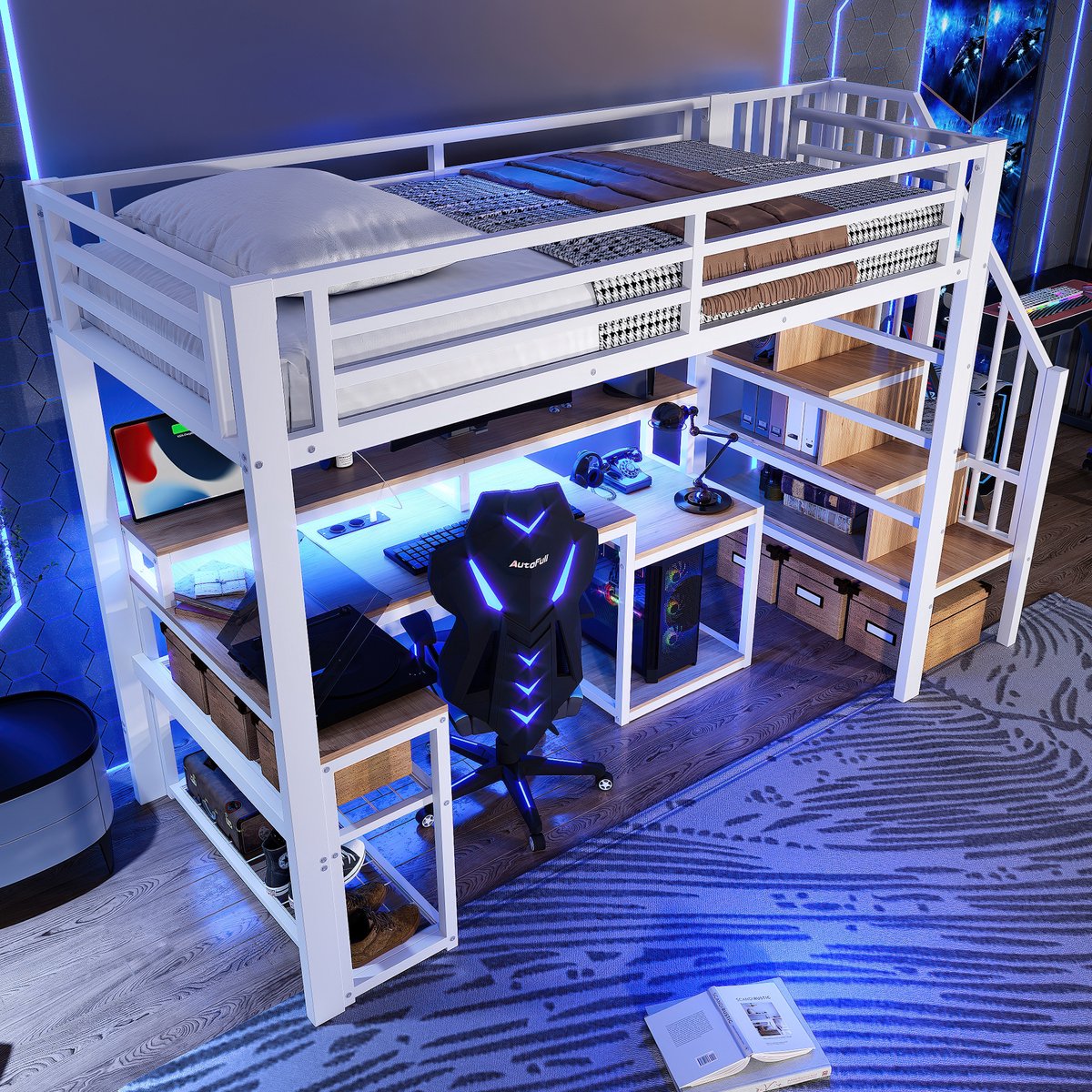 MIVRAY Hoogslaper 90x200cm - Met Bureau Met USB En Led Verlichting - Met Opbergtrap En Planken - Zonder Matras - Metaal En MDF - Wit