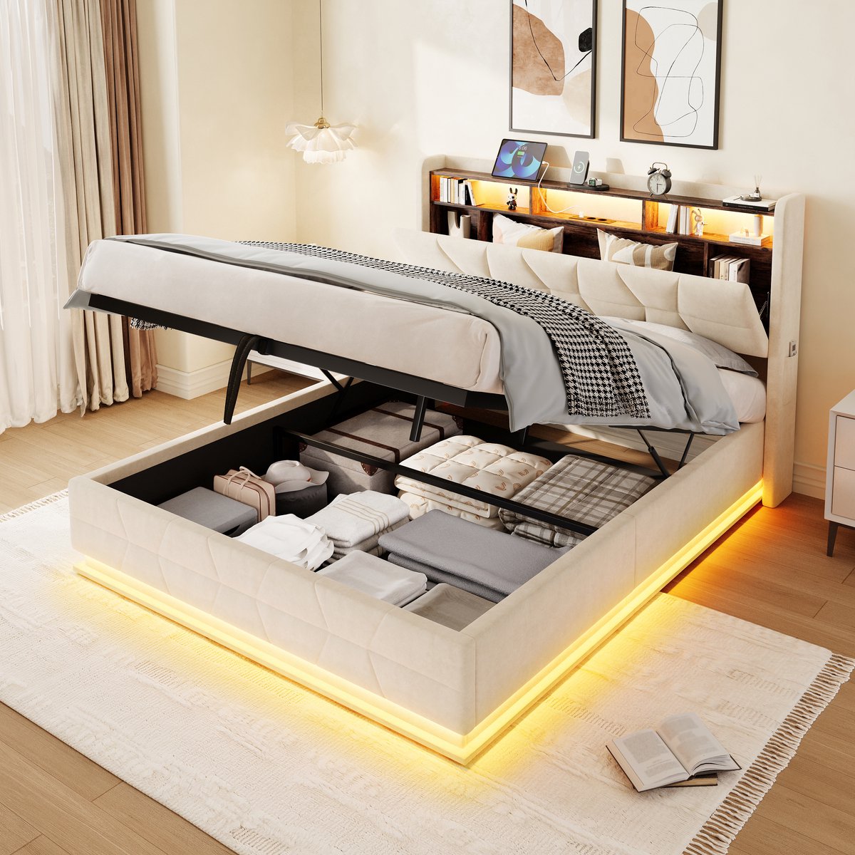 MIVRAY Gestoffeerd Bed 140x190cm - Met Ledverlichting, Opbergrek En Oplaadpunten - Met Zijvakken - Zonder Matras - Fluweel - Beige