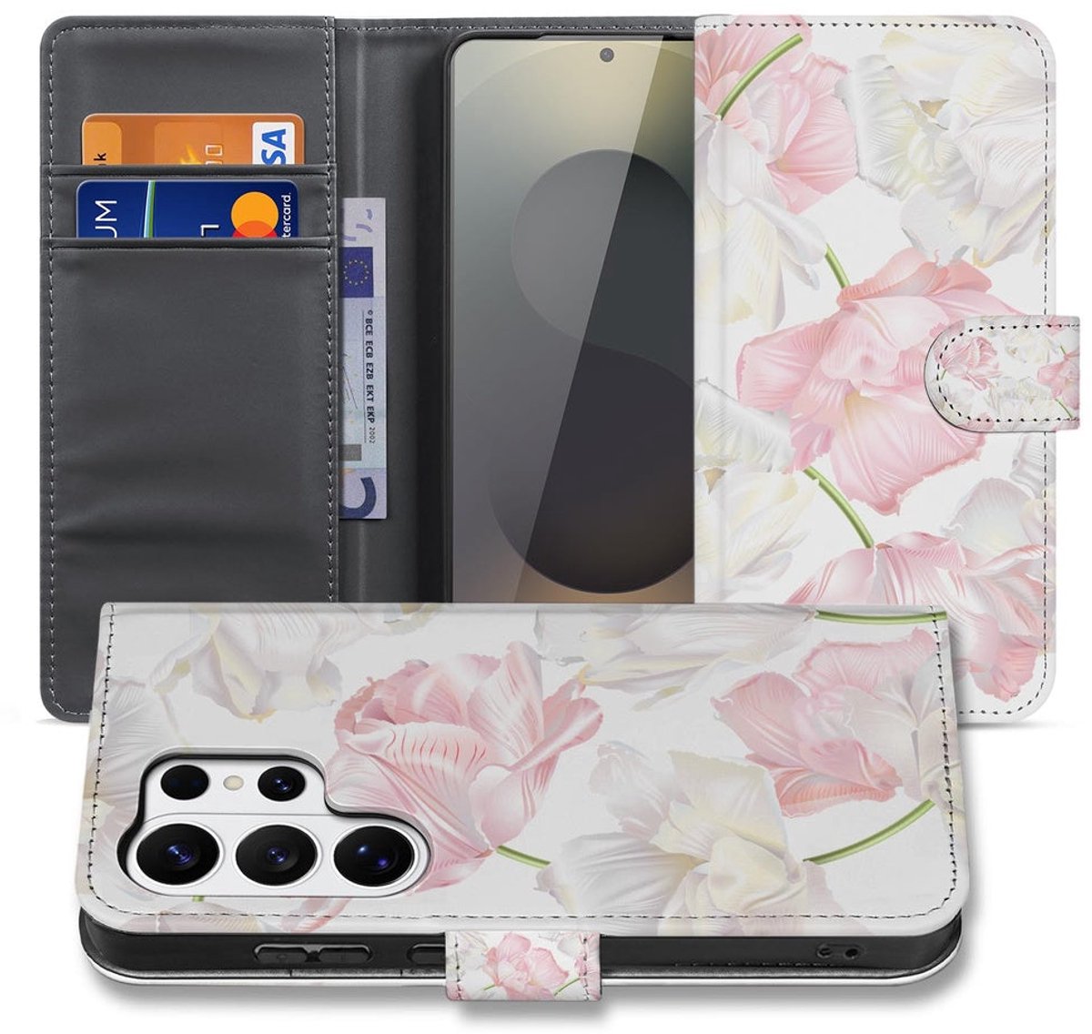 Samsung Galaxy S26 Ultra Bookcase Hoesje Lovely Flowers Roze Wit met Pasjeshouder