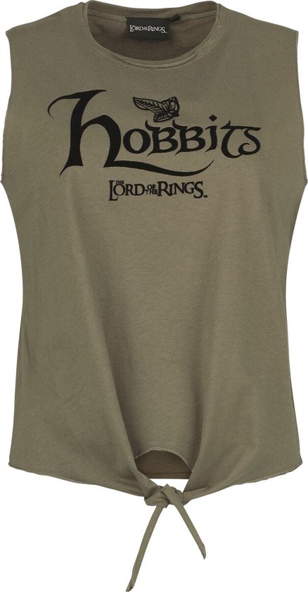 Khakigroene dames top met knoop aan de voorkant en de tekst "Hobbits The Lord of the Rings".