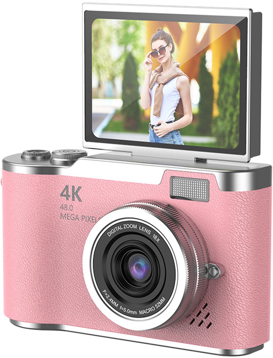 Digitale camera - Selfiecamera - Camera - compact camera - 48 MP - Kantelbaar scherm - 8x zoom - 32 GB geheugenkaart - ABS - Roze