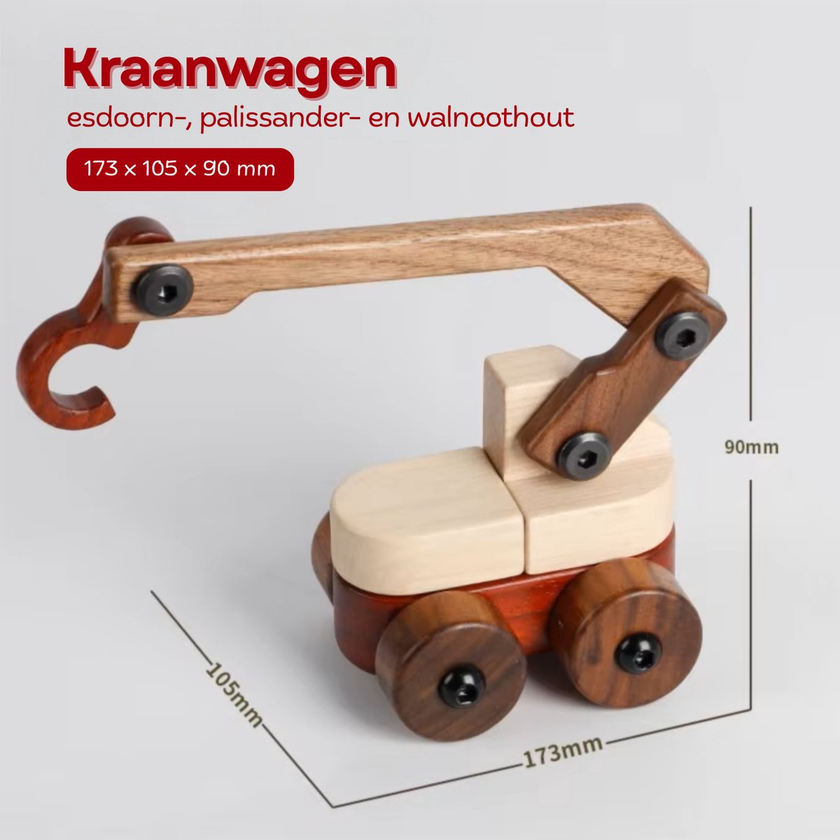 Houten Kraanwagen Speelgoed – Houten Voertuigen gemaakt van Massief Esdoorn-, Palissander-, en Walnoothout – Natuurlijke Afwerking – Vanaf 3 Jaar