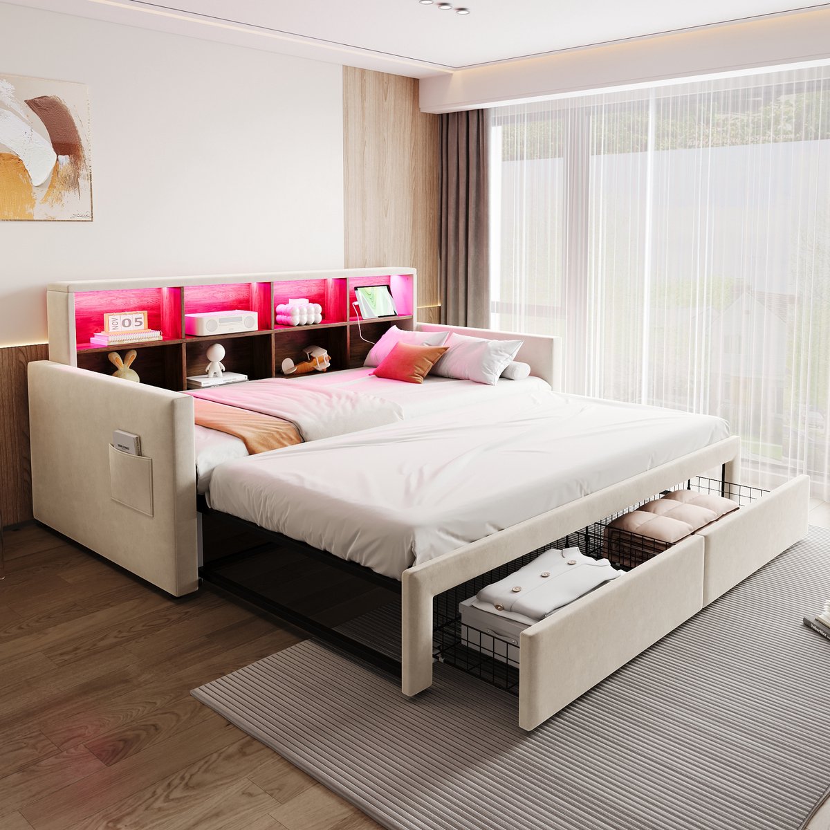 HAUSS SPOLE Gestoffeerd Slaapbankbed 90x190cm - Uitschuifbaar Naar 180cm - Met LED En Stopcontacten - Met 2 Lades En Opbergvakken - Met Lattenbodem - Zonder matras - Fluweel - Beige