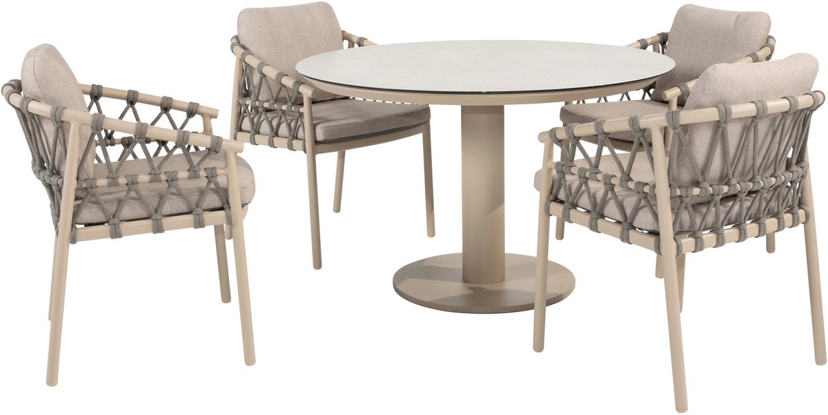 4 Seasons Outdoor Sarah tuinset Ø120 cm met 4 Piacenza dining stoelen - latte