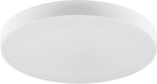 Ronde, platte witte plafondlamp met een egale witte gloed, schuin van voren.
