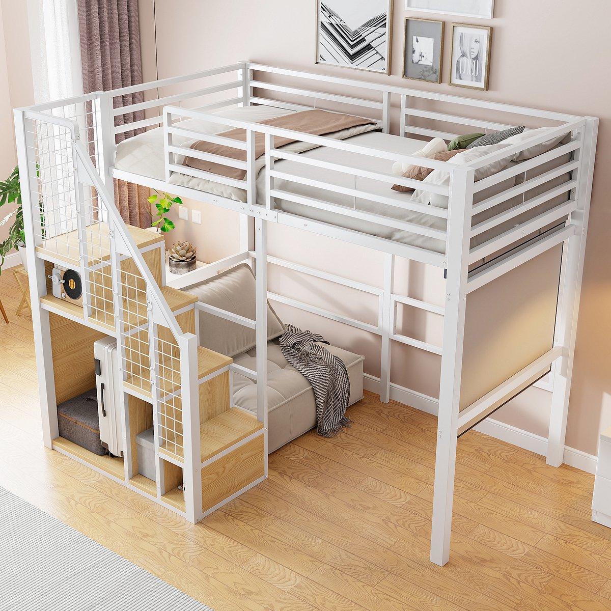 HAUSS SPOLE Halfhoogslaper 90x200cm - Met Opbergunit En Kledingstang En Trap Met Raster - Hoge Uitvalbeveiliging - Zonder matras - Metaal - Wit