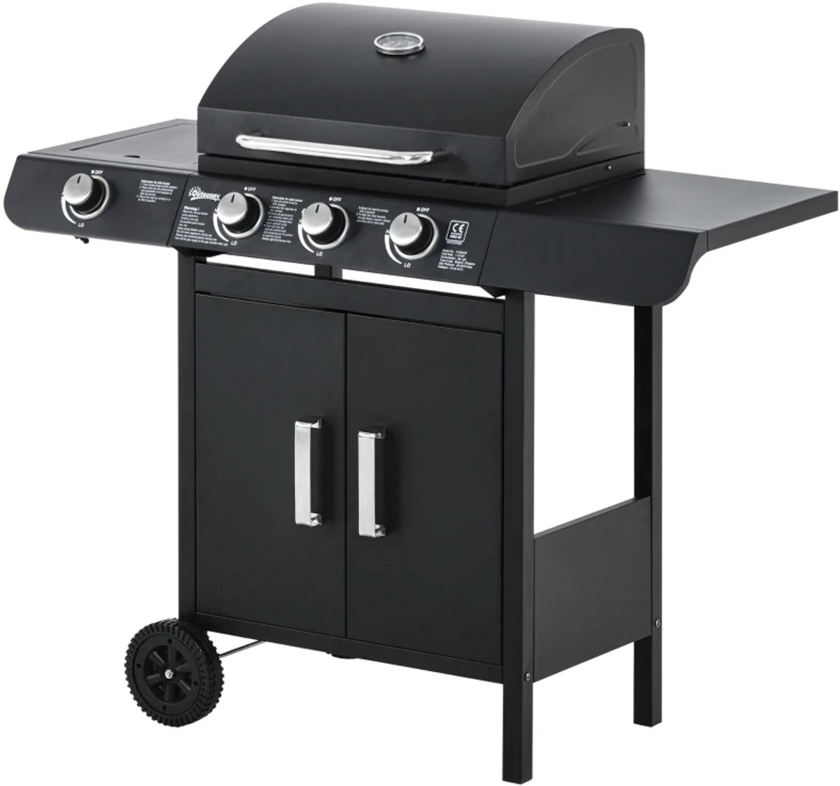Gasbarbecue - Gasbarbecue en grill - 3 Branders + 1 Zijbrander - Met Thermometer, Opbergplank en Warmhoudplaten - Zwart