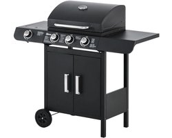 Gasbarbecue - Gasbarbecue en grill - 3 Branders + 1 Zijbrander - Met Thermometer, Opbergplank en Warmhoudplaten - Zwart
