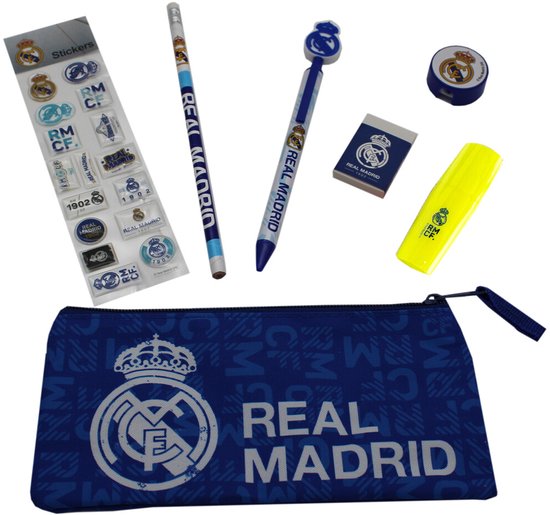 Real Madrid etui, pen, potlood, stickers, gum, markeerstift en rolletje tape met clublogo's.