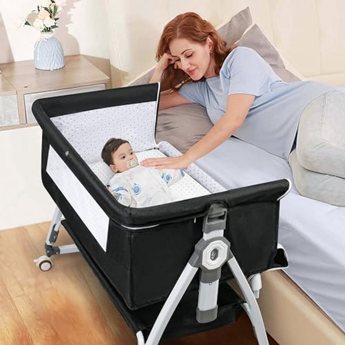 3-in-1 Schommelwiegje voor Baby met Wielen, Verstelbare Hoogte en Opbergmand - Ideaal voor Pasgeborenen