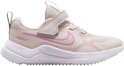 Lichtroze sneaker met roze Nike logo en een klittenbandsluiting. De tekst 'RUNNING' is zichtbaar op de zijkant.