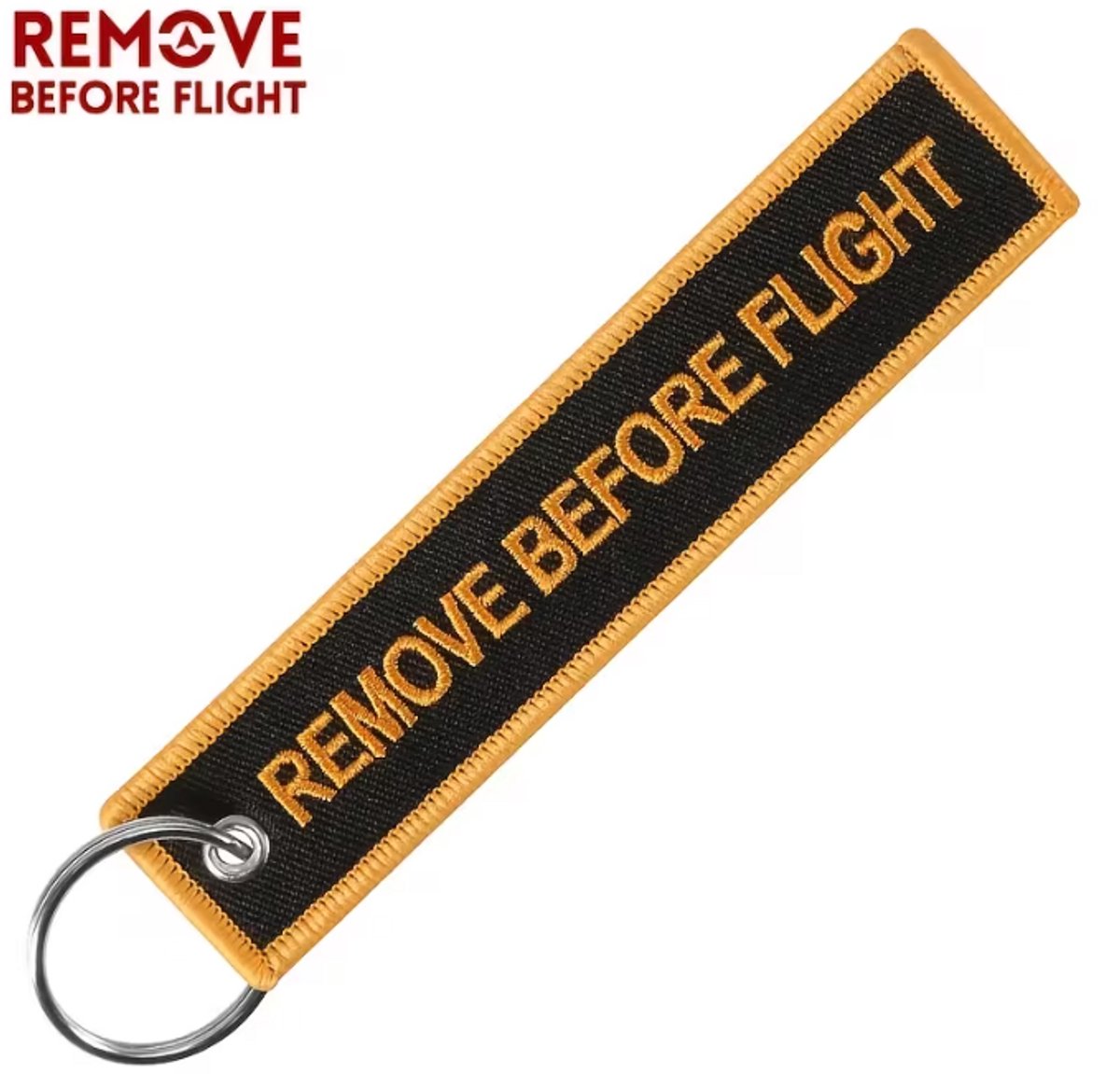 Remove Before Flight Sleutelhanger – Goud Geborduurd – Keytag – 1 Stuk