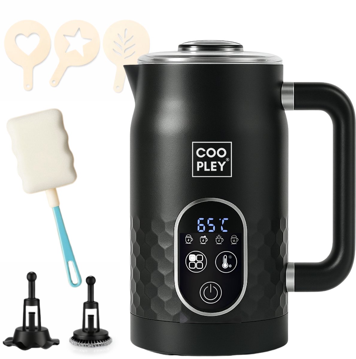 Elektrische Melkopschuimer - Warm En Koud Opschuimen - 4 in 1 Melkopschuimer - IJskoffie - Melkklopper - MF0803 PRO - Meest Complete Set - Zwart - Coopley