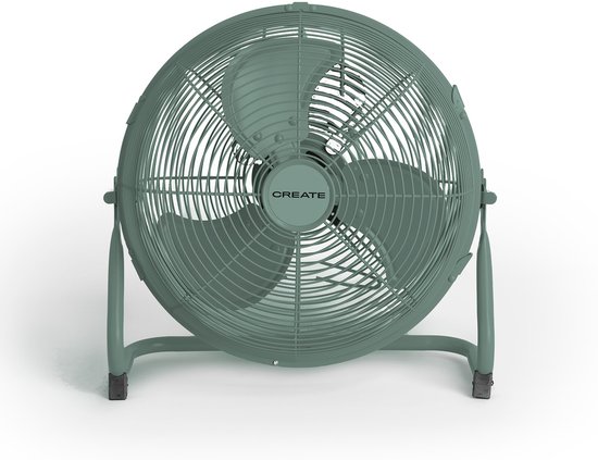 Industriële vloerventilator 12″ 45W koperen motor stil licht 3 standen antislipbasis sage groen