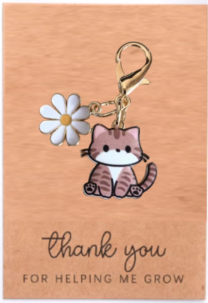 Pradeo - Katje Sleutelhanger - Gelukshanger - Hangertje - Katje - Poesje - Kat - Poes - Cat - Key Chain - Met Bloemetje - Pocket Hug - Klein Cadeau / Geschenk - Met Kaartje Met Tekst - Bruin Katje