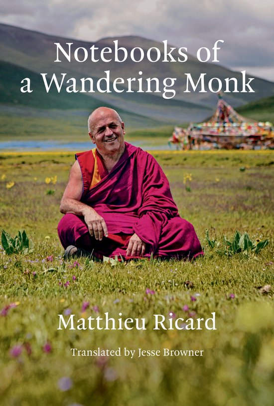 Matthieu Ricard, auteur van "Notebooks of a Wandering Monk", zit in een felgekleurde monnikenrobe in een weiland.