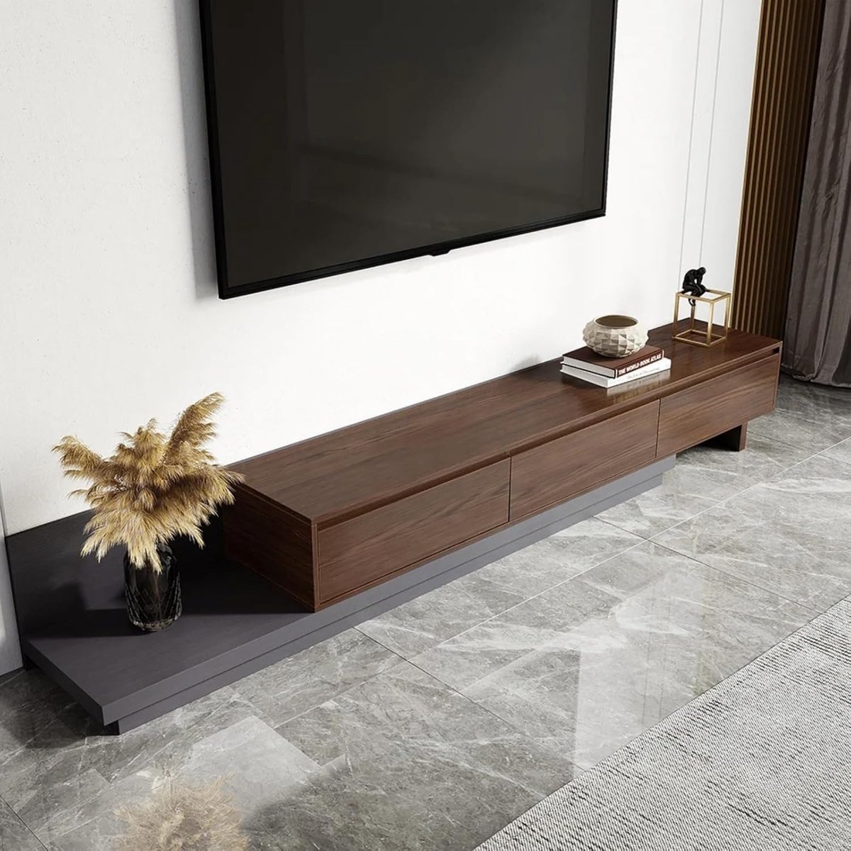 Uittrekbare TV-standaard en Mediaconsole 200 cm – Modern Entertainmentcentrum met 3 Laden, Ruime Opbergruimte, Geschikt voor TV tot 120 inch, Walnoot – Pauwhome
