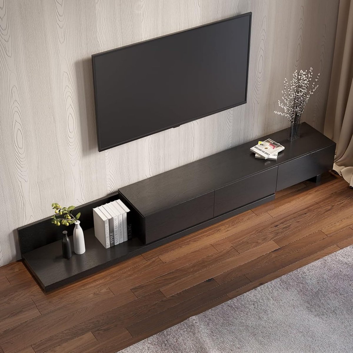 Uittrekbare TV-standaard en Mediaconsole 200x40x35 cm – Modern Entertainmentcentrum met 3 Laden, Ruime Opbergruimte en Minimalistisch Design – Geschikt voor TV’s tot 120 inch – Pauwhome