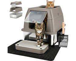 Kattenbak RVS met Deksel XXL – Gemakkelijk schoon te maken – Geurvrij, Lekvrij en Vlekvrij – 38L Inhoud – Gesloten Roestvrijstalen Kattentoilet– Grote Kattenbak met Schep & Gritopvangmat – 60×40×32cm - Bruin