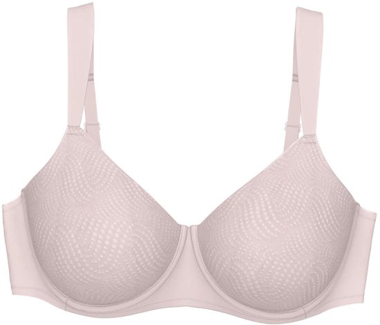 Soutien-gorge minimiseur rose pâle à motif ondulé et bretelles réglables, sur fond blanc.