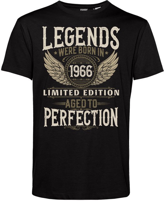 T-shirt Legends where born in 1966 | 60 Jaar Verjaardag Shirt – 60e Verjaardag – Cadeau voor Man of Vrouw | Zwart | maat L
