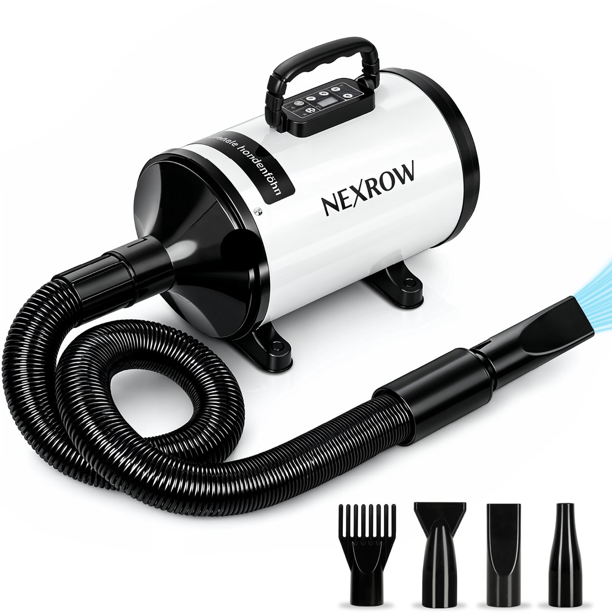 NEXROW® Professionele Hondenföhn 3800W – Waterblazer voor Honden met LCD Display – Stil Design met Negatieve Ionen Functie – 4 Opzetstukken – Wit
