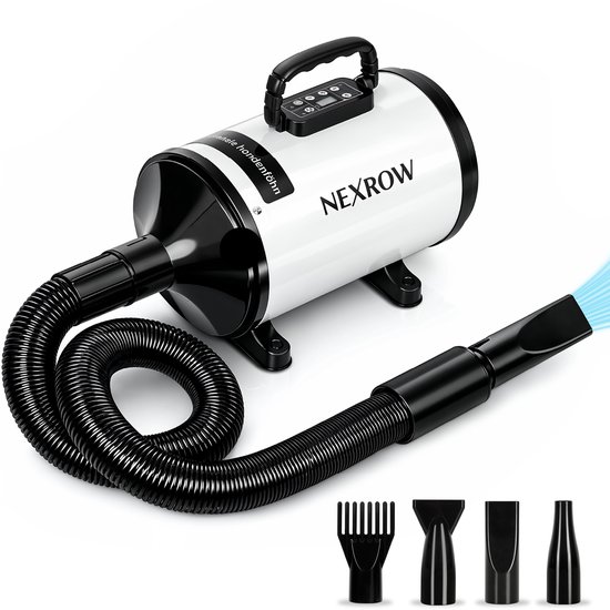 NEXROW® Professionele Hondenföhn 3800W – Waterblazer voor Honden met LCD Display – Stil Design met Negatieve Ionen Functie – 4 Opzetstukken – Wit