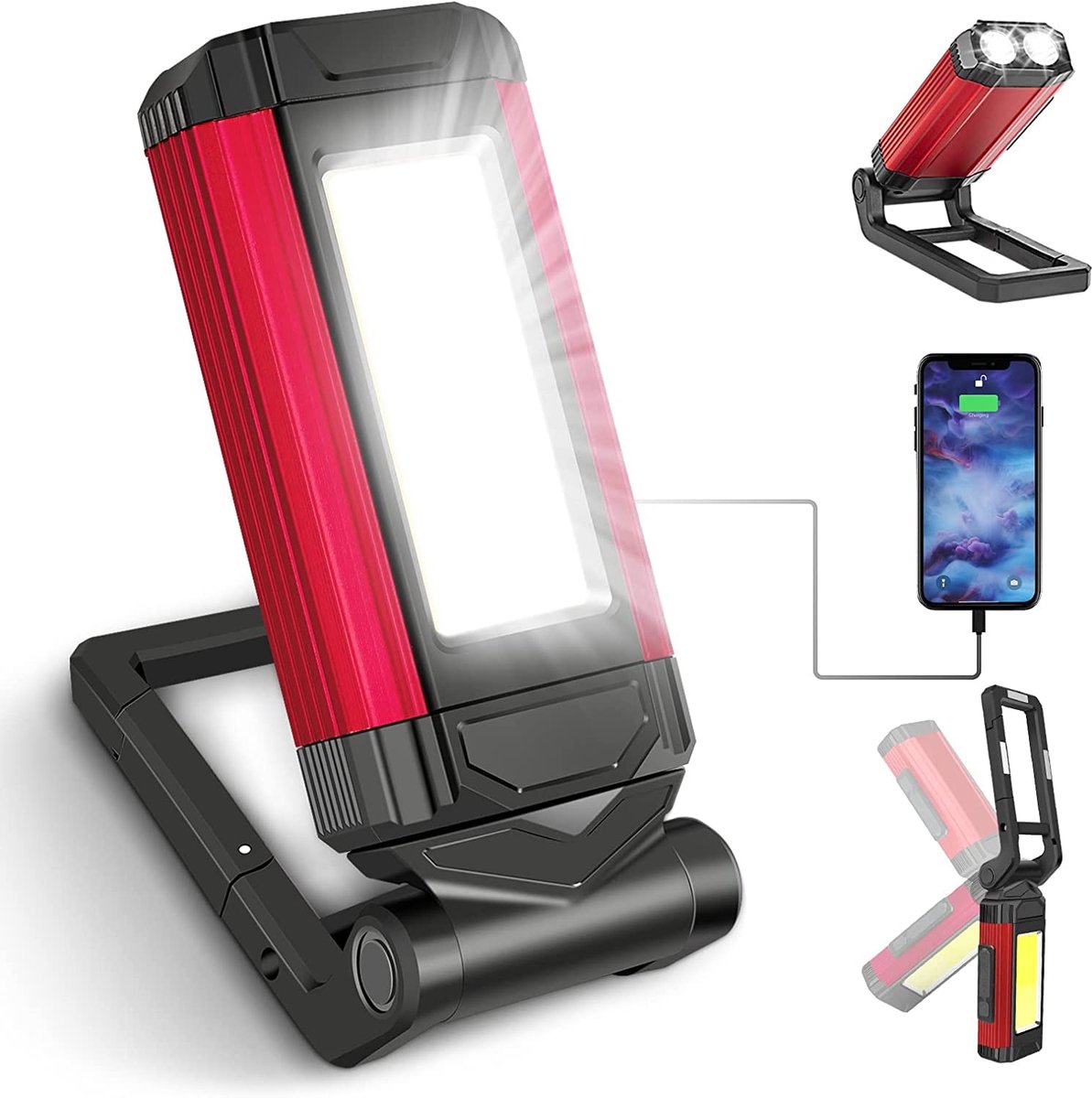 longziming -LED Werklamp voor Werkplaats – Magnetische Oplaadbare Handlamp met 7 Verlichtingsmodi – Ideaal voor Auto, Kfz en Noodsituaties (Rood)