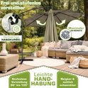 Beige zweefparasol in gebruik op een terras met tuinmeubilair. Inclusief tekst 'Maximale UV-Schutz' en 'Leichte Handhabung'.