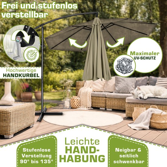 tillvex Zweefparasol Aluminium met LED Solar 300 cm Zwengel Hoes Windbescherming | Parasol met Standaard | Tuinparasol UV-bescherming | Waterdichte Draaiparasol Marktscherm