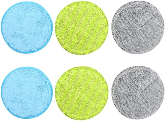 Zes ronde dweilpads, twee blauw, twee felgroen en twee grijs. Alle pads hebben een zachte textuur.