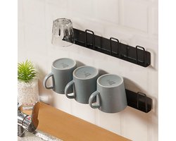 2 stuks Wandgemonteerde Bekerhouder, Geen Boren Nodig, Koffiebekerhaak, met 4 Houders, Mokhouder voor Keuken, Woonkamer, Kantoor (Zwart) (BLK)