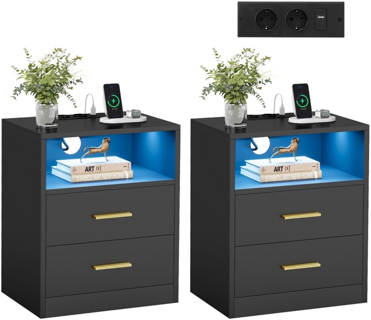 Custos Collectie - Nachtkastje met oplaadstation en LED-inkt zwart - 35 x 40,1 x 50,2 cm - Inktzwart