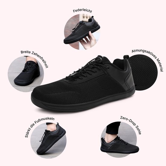 Zwarte lage sneaker met mesh en leren delen, met uitvergrote details: lichtgewicht, ademend, brede tenen, zero-drop zool.