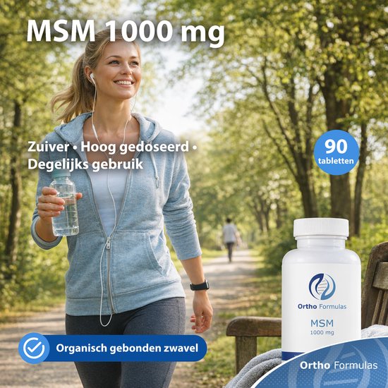Lachende vrouw loopt in het park met een fles water en een pot Ortho Formulas MSM 1000 mg. Totaal 90 tabletten.