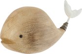 Houten walvisfiguur in naturelkleur met een witte staartvin.