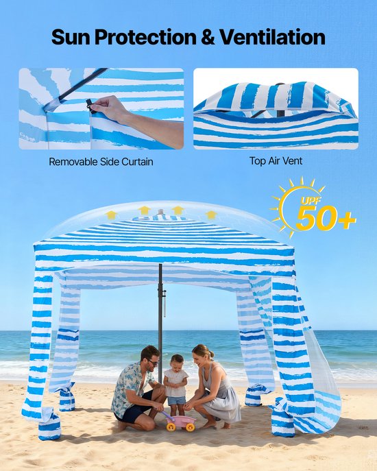 VEVOR Strandcabana 183 X 183 cm, Strandluifel met Zijwanden, Upf 50+ Zonbescherming, Strandpaviljoen met Zandzakken, Draagbare Parasol voor Familie En Vrienden, Blauwe Strepen van Vevor — afbeelding 3