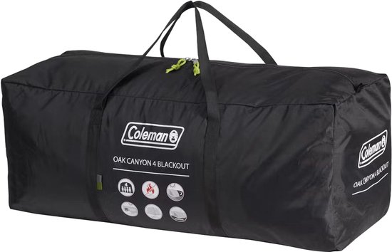 Zwarte draagtas voor de Coleman Oak Canyon 4 Blackout tent met pictogrammen.