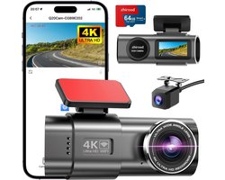 4K Dashcam Voor en Achter met WiFi – 4K + 1080P Auto Camera, 64GB SD-Kaart, 170° Groothoek, Nachtzicht, Parkeermodus & App