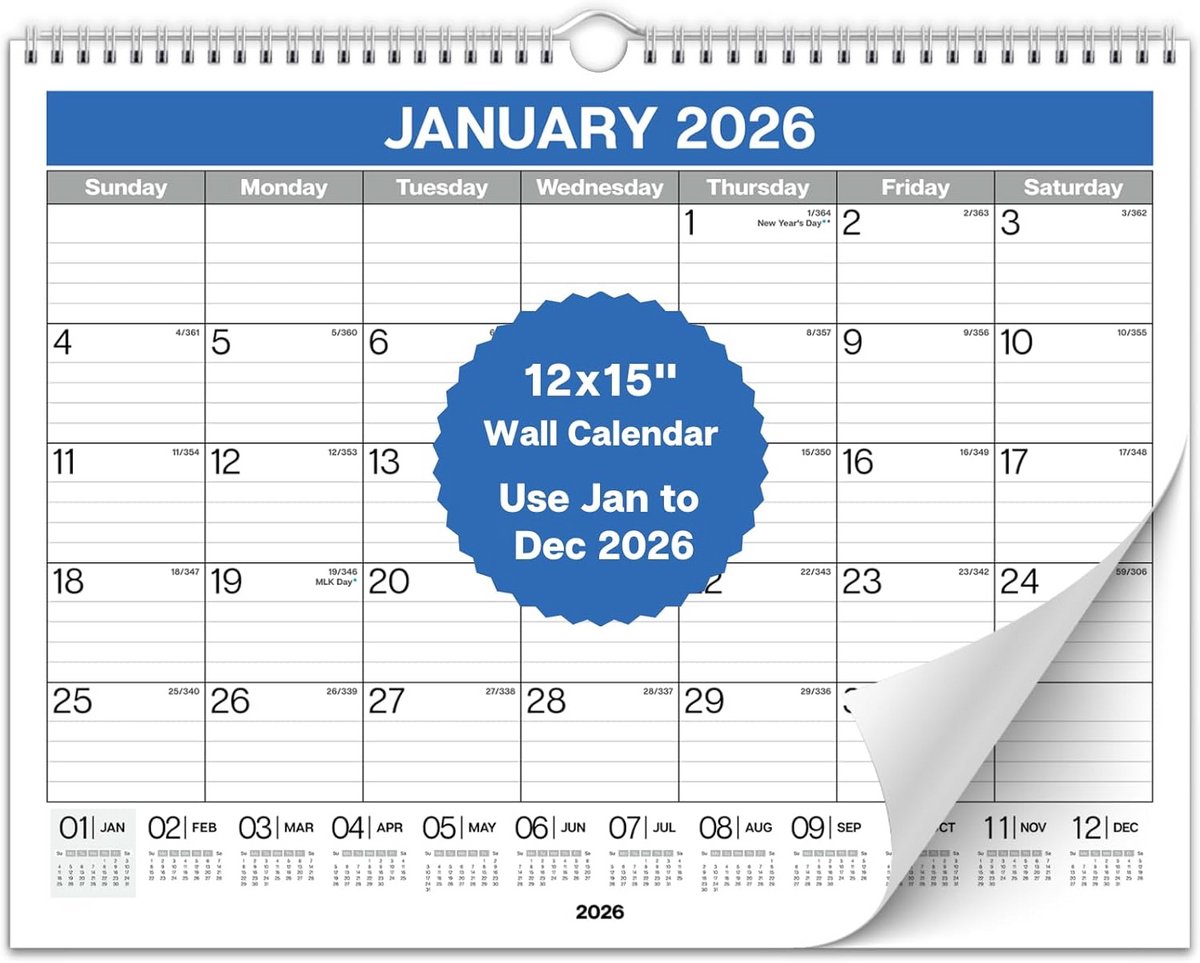 Grote Wandkalender 2024 12x15 Inch Maandplanner met Ruime Blokken
