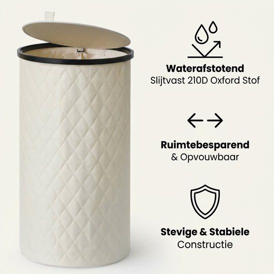 Crèmekleurige MAZAZU wasmand met ruitpatroon. Waterafstotend, ruimtebesparend & stevige constructie.