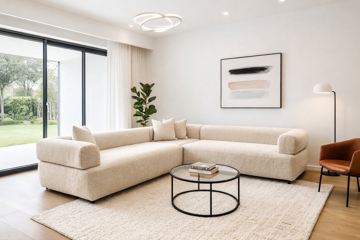 Royale U-Vormige Hoekbank – Matras King - Cream Textiel – Extra Diepe Zitting – 3-Delige Loungebank – Moderne Bank voor Woonkamer
