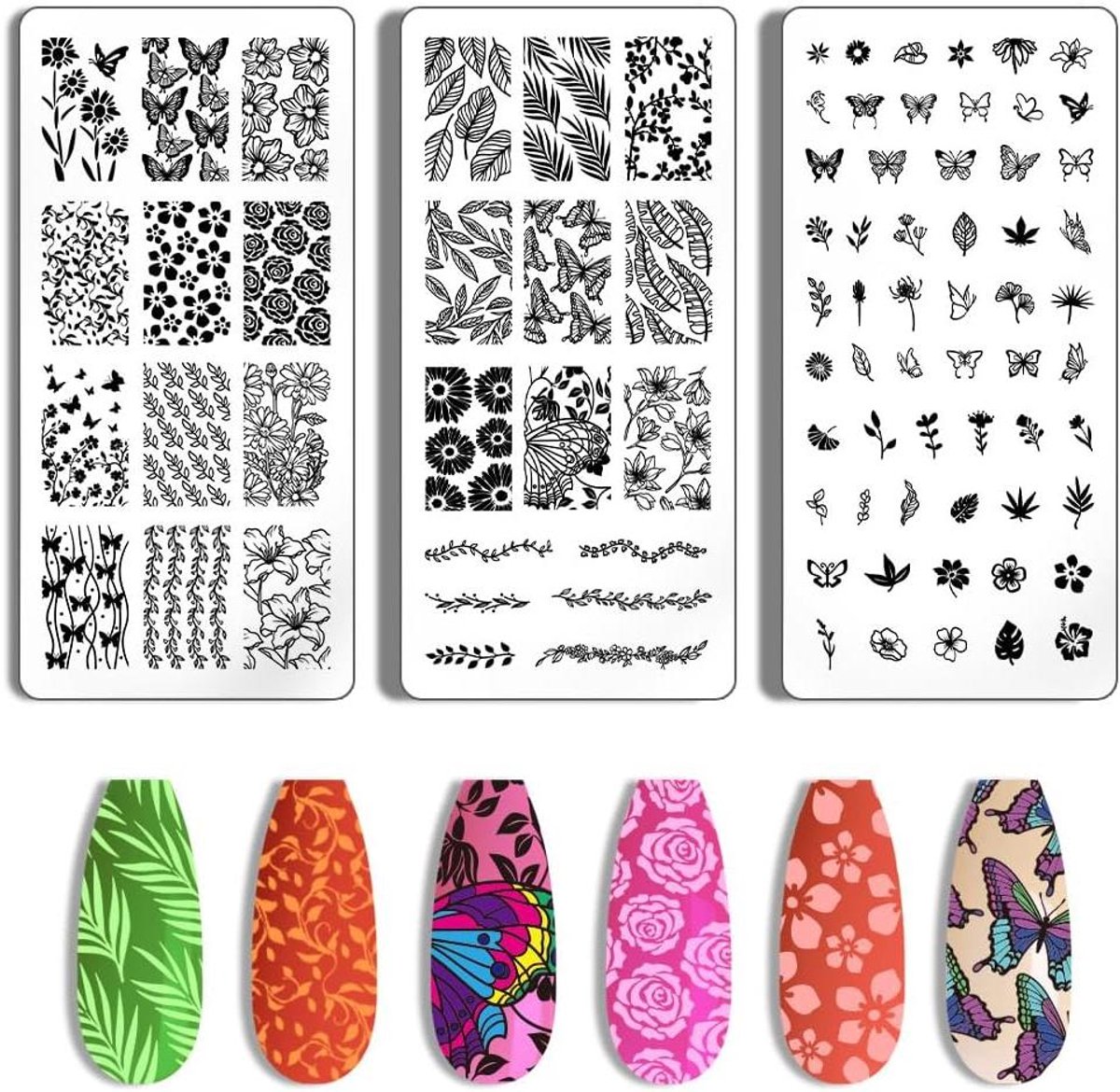 3 Stuks Nagel Stempel Platen Set - Bloem en Blad Nail Art Sjablonen voor Manicure