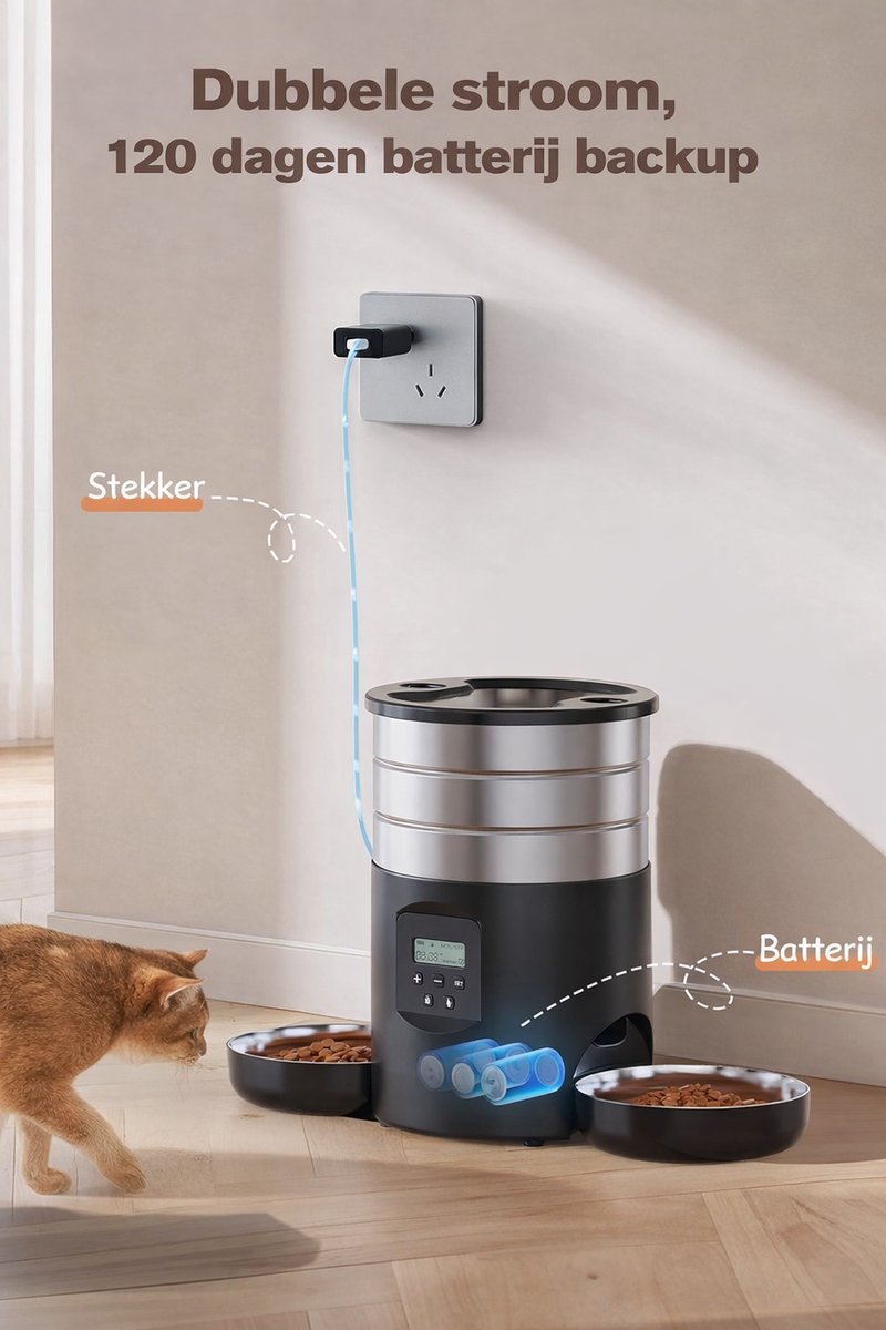 Automatische Voerautomaat RVS 5L met Timer voor 2 Katten - afbeelding 2