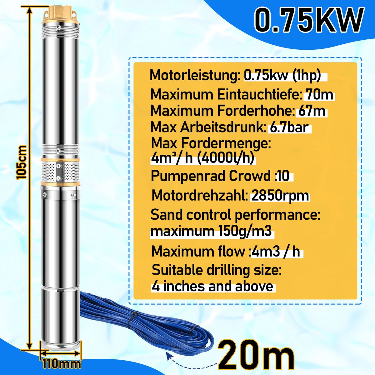 Diepe Bronpomp - Stroom 4000 L/H - 750W Dompelpomp - Maximale Opvoerhoogte van 81m - met Externe Schakelkast en 20 m Stroomkabel - met Terugslagklep en Filter - Voor Regentonnen Reservoirs - Kanalen - Rivieren – foto 4
