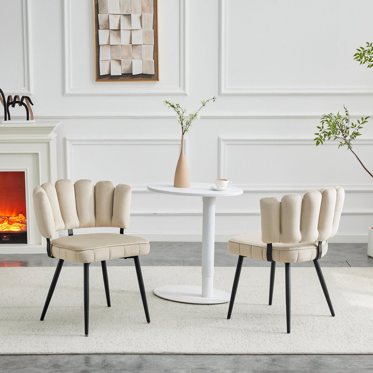 STILVORA Eetkamerstoel 80 Cm – Set Van 2 – Waaier Rugleuning Met Zachte Kussens – Voor Eetkamer En Woonkamer – Stof En Metaal – Beige Zwart Beige+Zwart