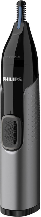 Zwarte en zilverkleurige Philips neustrimmer met grijze grip.