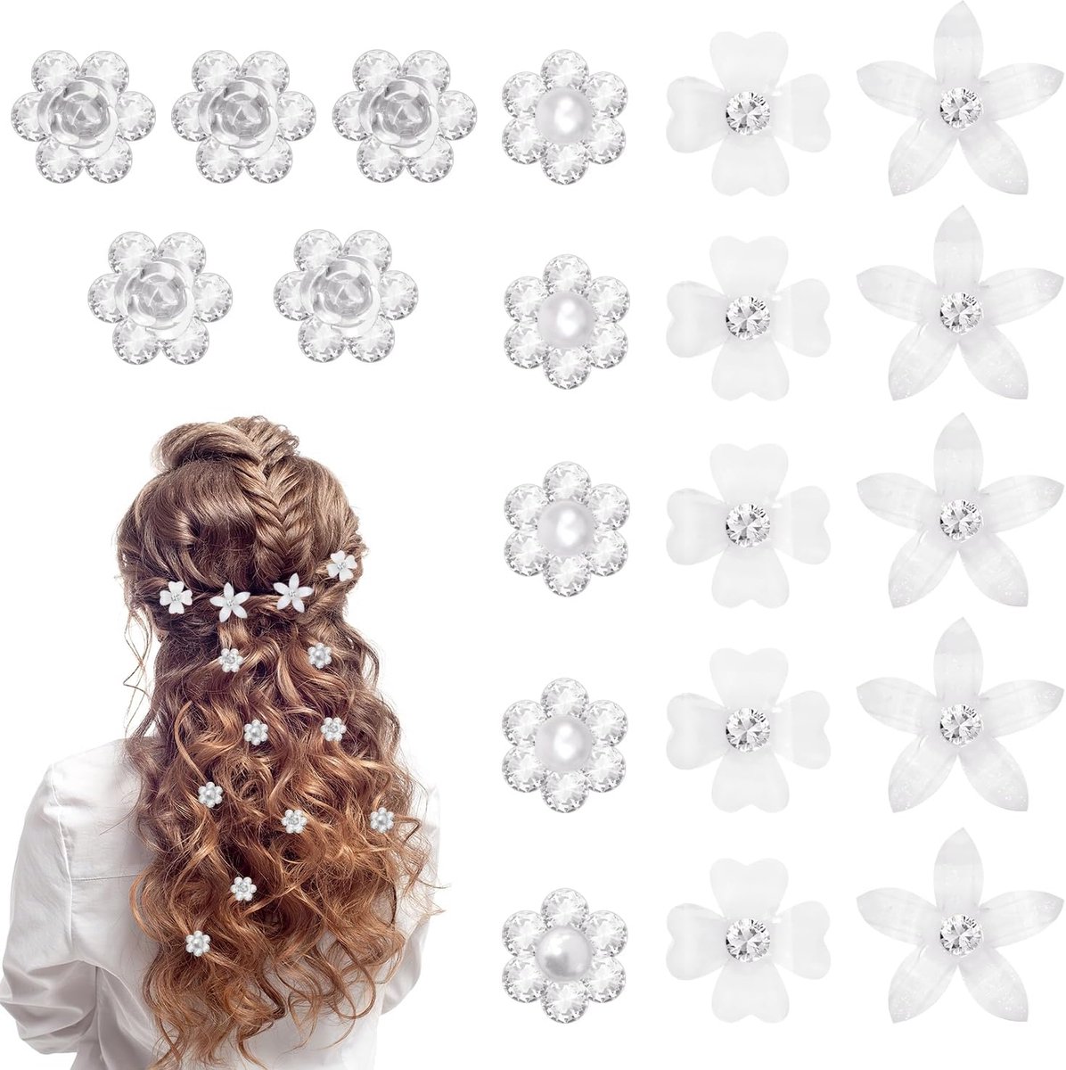 20x Mini Bloem Haarspeldjes met Strass Steentjes Bruidshaaraccessoires Zilver Wit