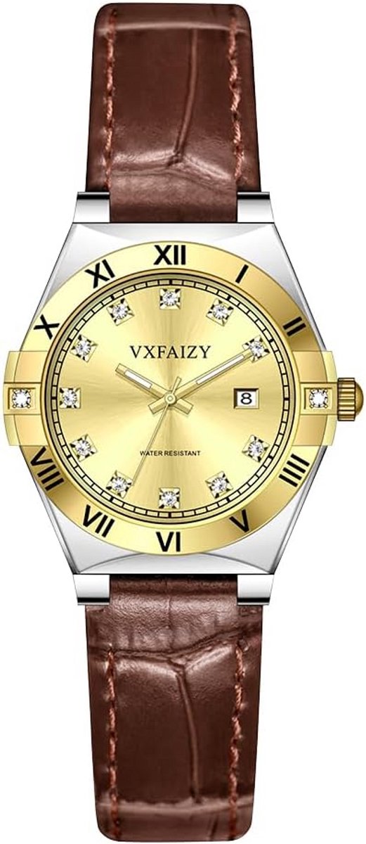 Luxe Dameshorloge met Kalender en Kristallen Wijzers - Echt Leren Band